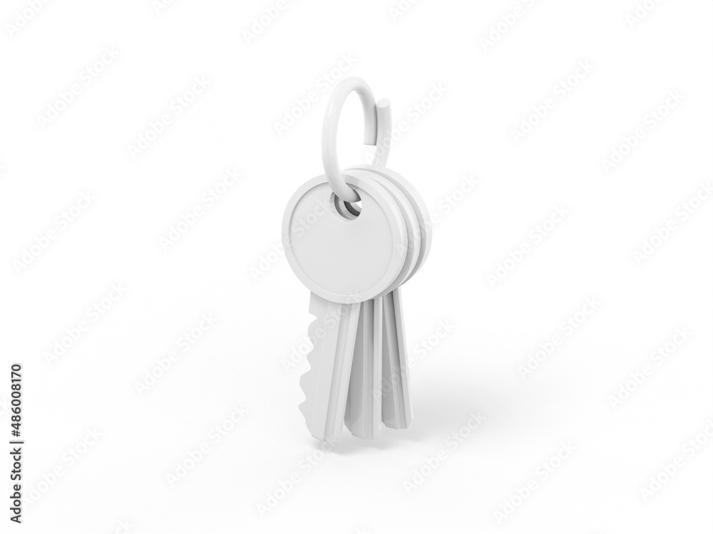 Poster white single color bunch of keys on a white monochrome background. minimalistic design object. 3d re