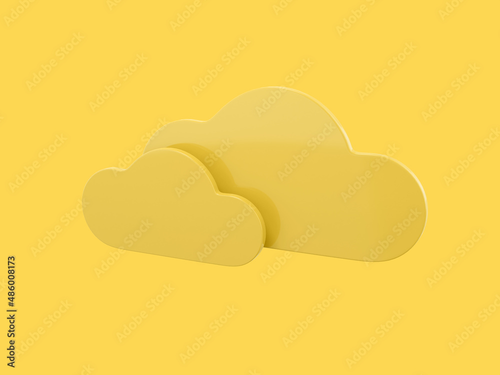 Poster two yellow clouds mono color on a yellow solid background. minimalistic design object. 3d rendering 