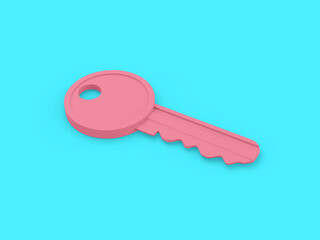 Pink single color key on a surface on a blue monochrome background. Minimalistic design object. 3d rendering icon ui ux interface element.