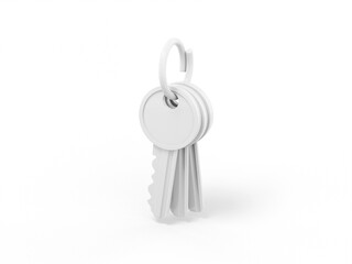 White single color bunch of keys on a white monochrome background. Minimalistic design object. 3d rendering icon ui ux interface element.
