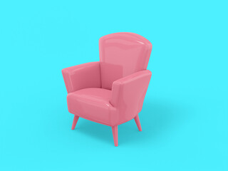 Pink one color armchair on a blue flat background. Minimalistic design object. 3d rendering icon ui ux interface element.