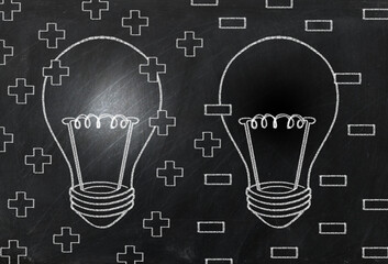 light bulb Chalk drawing on black chalkboard in Business design and copy space for text, electric bulb lines art doodle style on black board for Business concept.