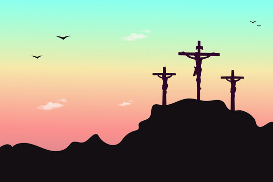 Jesus christ on the cross at calvary mountain with two thieves. Illustration of crucifixion of son of God for christain on good friday and easter sunday. Silhouette of three crosses on the hill. 
