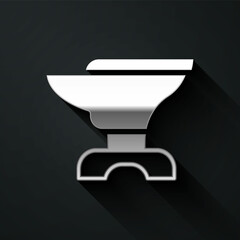 Silver Anvil for blacksmithing and hammer icon isolated on black background. Metal forging. Forge tool. Long shadow style. Vector
