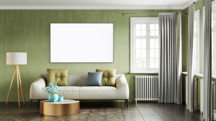 Modern interior of a room with an empty painting. Sofa and large window, wooden floor and wall. Clean lines of interior design. 3D rendering