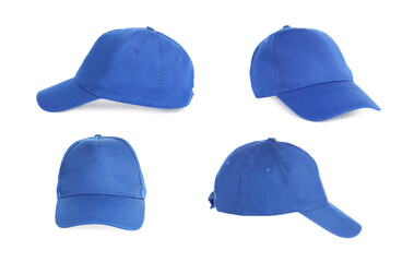 Set with stylish blue baseball caps on white background