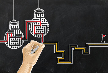 Chalk drawing bulb electric on black background,Light bulbs,chalk board concept.