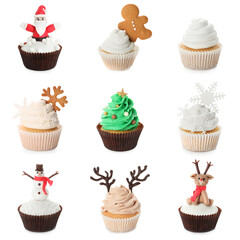 Tasty cupcakes with Christmas decor on white background, collage