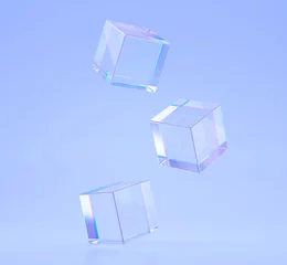 Fotobehang Crystal cubes or blocks with refraction effect of rays in glass. Clear square boxes of acrylic or plexiglass with holographic gradient on blue background, dispersion light, 3d render illustration © marozhkastudio