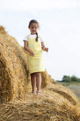 Naklejka na ściany i meble Caucasian pretty young female kid standing on rolled haystack with eyes looking down holding hay in one hand in sundress. Having fun away from city on field full of golden hay.