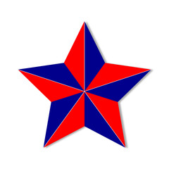 One star with red and blue sides isolated on a white background, casting a shadow.