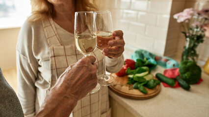 Cropped image of mature couple toast wine at home