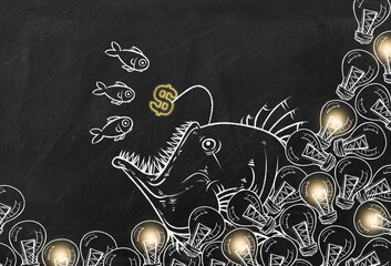 Anglerfish chalk drawing on chalk board background illustration, chalk drawing Business and strategy concept on blackboard.