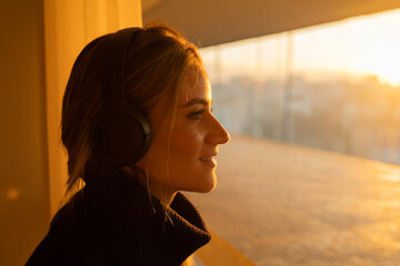 Side view of young woman listening to music with headphones in her ears by the window with a city view landscape in the background. High quality photo