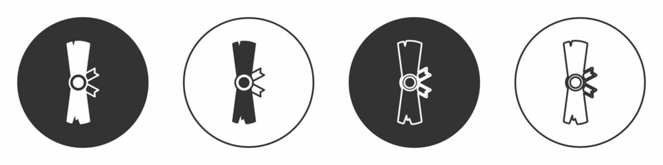 Black Ancient papyrus scroll icon isolated on white background. Parchment paper. Ancient Egypt symbol. Circle button. Vector