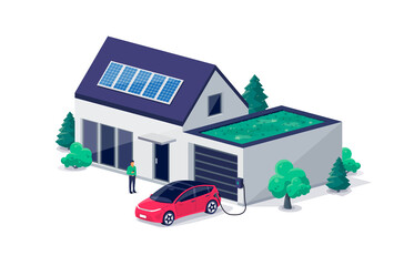 Fototapeta Electric car parking charging at home garage with green roof wall box charger station. Residence family house building with clean energy photovoltaic solar panels. Renewable smart power electricity. obraz