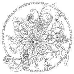 Vector drawing for coloring book. Geometric floral pattern. Contour drawing on a white background