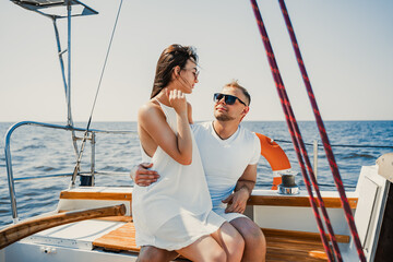 Young couple have romantic walk on the yacht and relaxing. Weekend at sea. Travel concept 