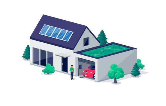 Electric Car Parking Charging Inside Home Garage And Green Roof Wall Box Charger Station. Residence Family House Building With Clean Energy Photovoltaic Solar Panels. Renewable Smart Power Electricity