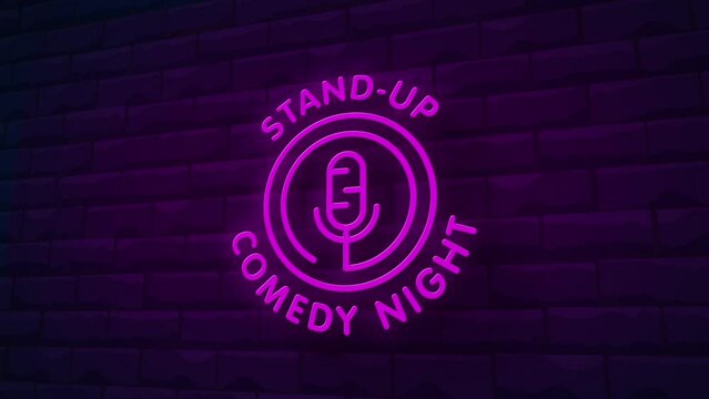 stand up neon sign animation.Brick Wall Background.