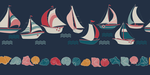 Sailboat, seashell and wave. Seamless pattern with cartoon yacht. Vector