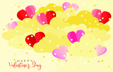 Valentine’s day card with floating yellow clouds amongst pink and red hearts 