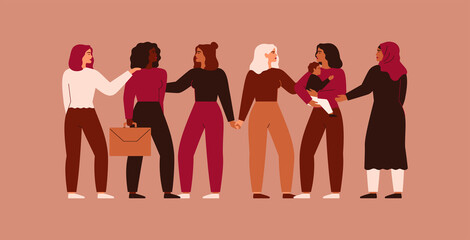 Young women of different ethnicity and professions hold hands together. Strong and brave females support each other. Sisterhood and helpeness poster. Vector illustration - 486010763