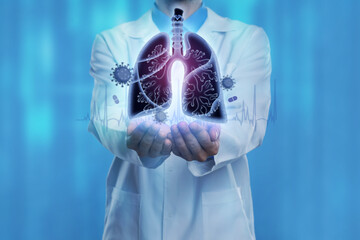 Doctor demonstrating digital image of human lungs affected by virus on blue background, closeup