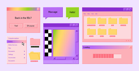 Set of retro user interface tabs and icons. Old computer windows with message, folders and buttons. Hand drawn colorful vector illustration isolated on light background. Trendy flat cartoon style.