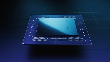 Beauty Shot of Advanced Computer Processor Chip in Dark Environement lit by Purple Light