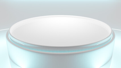 Silver podium stand glistened in white room with sparkling lights. Futuristic wall scene. 3d Render.