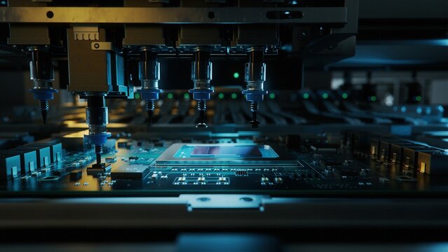 Automatic Pick and Place machine quickly installs Components on Circuit Board. Electronics and Circuit board Manufacturing. Dark Environment