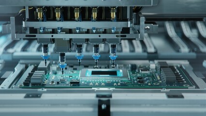 Automatic Pick and Place machine quickly installs Components on Generic Circuit Board. Electronics...