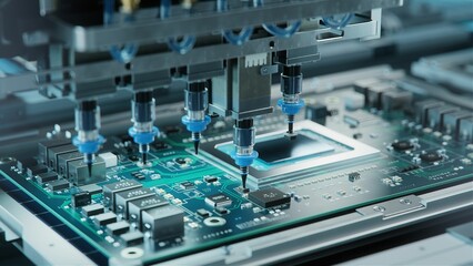 Fototapeta na wymiar Automatic Pick and Place machine quickly installs Components on Generic Circuit Board. Electronics and Circuit board Manufacturing. Bright Environment