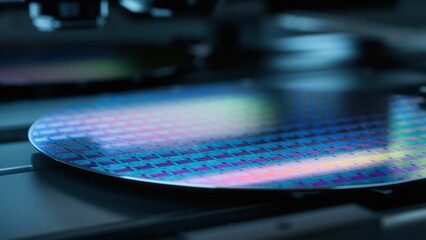 Silicon Wafer During Production at Advanced Semiconductor Foundry, that produces Microchips - obrazy, fototapety, plakaty