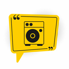 Black Guitar amplifier icon isolated on white background. Musical instrument. Yellow speech bubble symbol. Vector