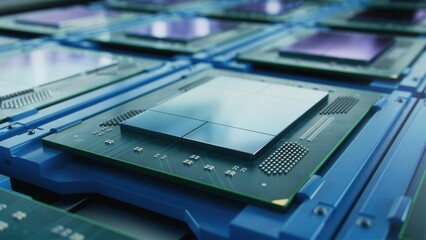 Macro Shot of Computer Processor Production Line at Advanced Semiconductor Foundry in Bright...