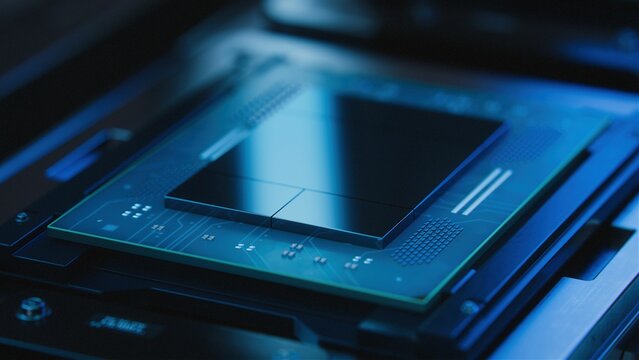 Advanced Processor during Production at Semiconductor Foundry in Dark Environment.