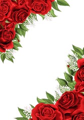 Frame of red blossom rose flowers for greeting card, wedding or Valentines day.