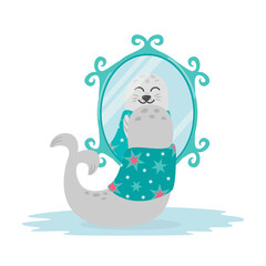 Cute smiling baby fur seal looking in mirror wrapped in towel after shower. Concept of personal hygiene and health for kids. Flat design vector illustration