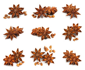 Set with dry anise anise stars on white background