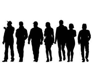 Big crowds people on street. Isolated silhouette on a white background