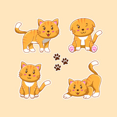 Cute orange cat sticker set in cartoon style. cartoon vector illustration