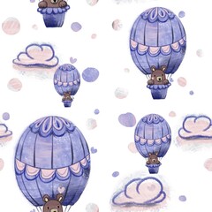 Seamless pattern in the nursery. Stylized balloon with a teddy bear in shades of purple. Idea for children's textiles, posters, and other things.