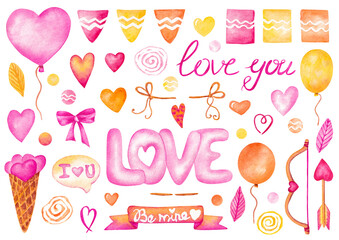Watercolor set for valentine's day. Hand-drawn elements for the design of postcards, posters, textiles.