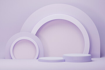 Winner podium for product presentation. Round podium on pastel purple background. 3d render illustration. Empty pedestal, stand for mockup products.
