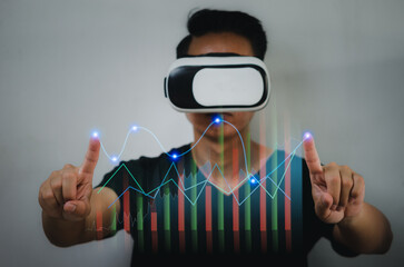 Virtual Experience VR business marketing sales media chart data graph digital world metaverse background. digital marketing data analysis technology.