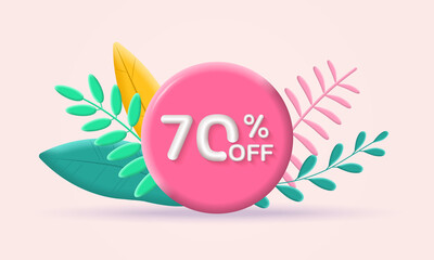 3d Sale banner. 70 percent price off label or icon with leaves. Discount badge or price tag. Promotion poster or card design template. Vector illustration.