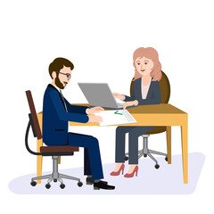 The client is sitting at the table, opposite the girl who works in the office. Vector illustration of a manager's workplace, working with clients. The girl gives the document with approval to the man