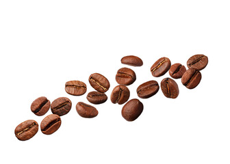 Many roasted coffee beans flying on white background